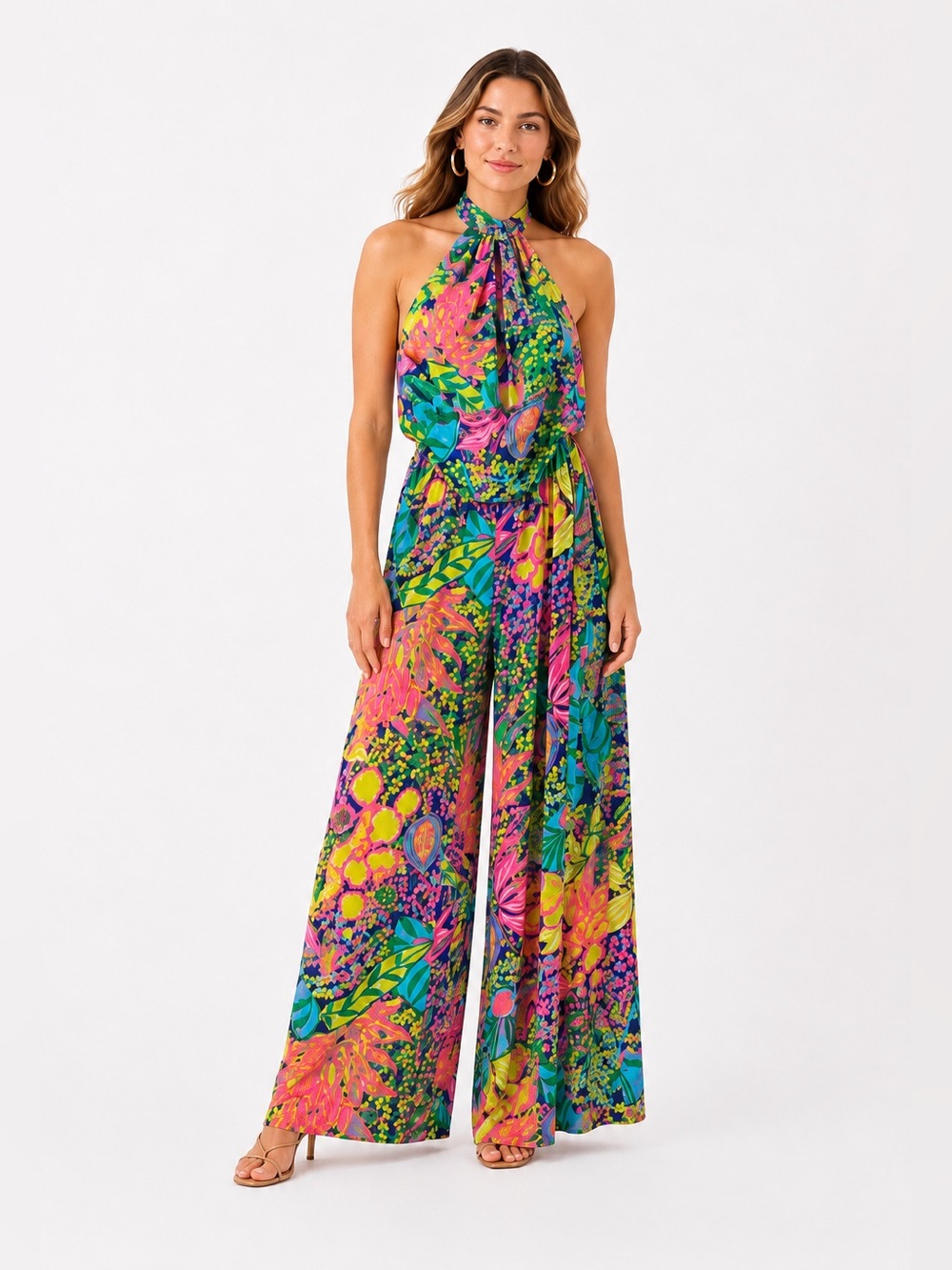 Trina Turk Vibrant Multicolor Floral Halter Jumpsuit US M